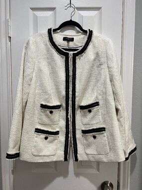 Talbots Provence White Tweed Jacket Black Trim Plus Size 16W